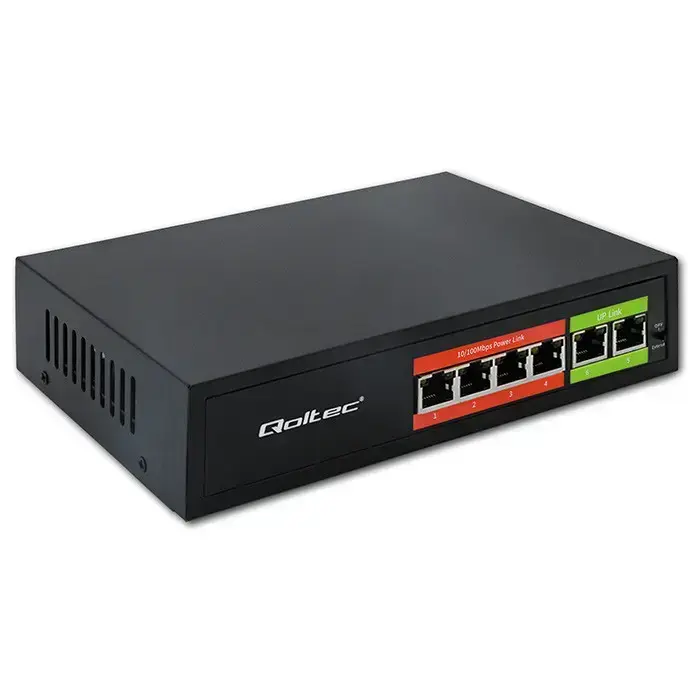 Qoltec FAST Ethernet PoE SWITCH | 4x RJ45 PoE | 2x RJ45 Uplink | 65W | 10/100 Mb/s Photo