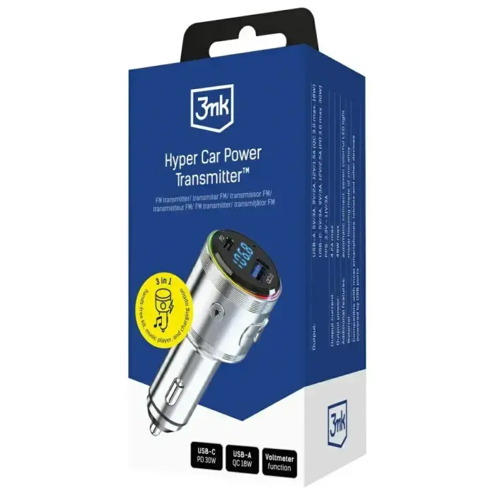 3MK Hyper Car Power Transmitter 48W | QC, PD, PPS | USB-C, USB-A | серебристый Фото num