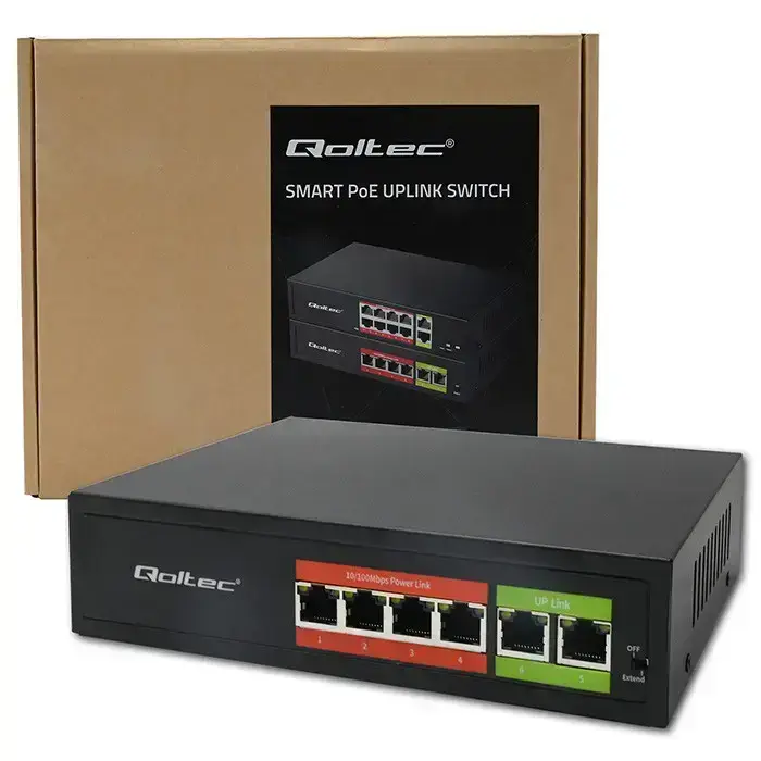 Qoltec FAST Ethernet PoE SWITCH | 4x RJ45 PoE | 2x RJ45 Uplink | 65W | 10/100 Mb/s Photo