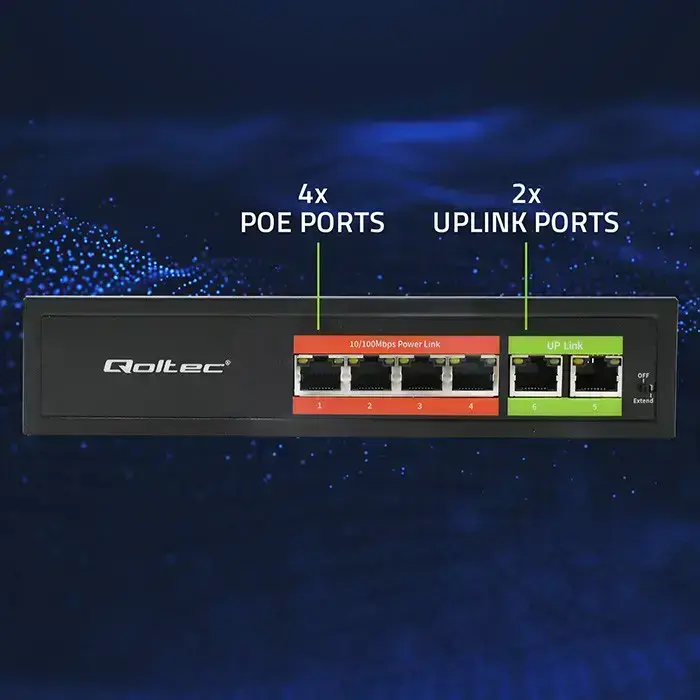 Qoltec FAST Ethernet PoE SWITCH | 4x RJ45 PoE | 2x RJ45 Uplink | 65W | 10/100 Mb/s Photo
