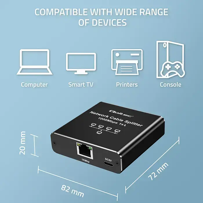 Qoltec Splitter Ethernet mini SWITCH 1x4 RJ45 | 1000Mb/s | USB-C | Aluminium Foto 3