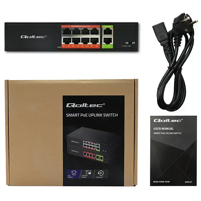 Qoltec FAST Ethernet PoE SWITCH | 8x RJ45 PoE | 2x RJ45 Uplink | 120W | 10/100 Mb/s Photo