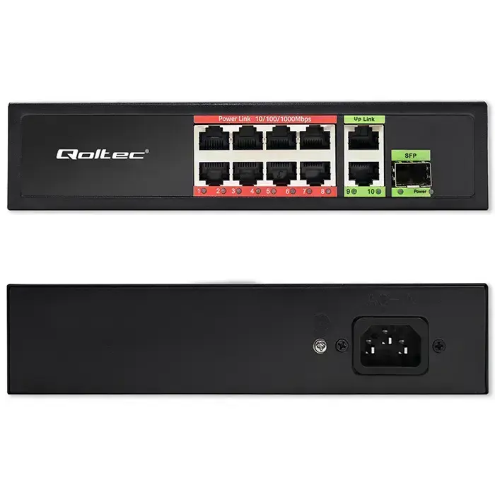 Qoltec FAST Ethernet PoE SWITCH 8x RJ45 PoE 2x RJ45 Uplink 1x SFP | 120W | 1000 Mb Photo