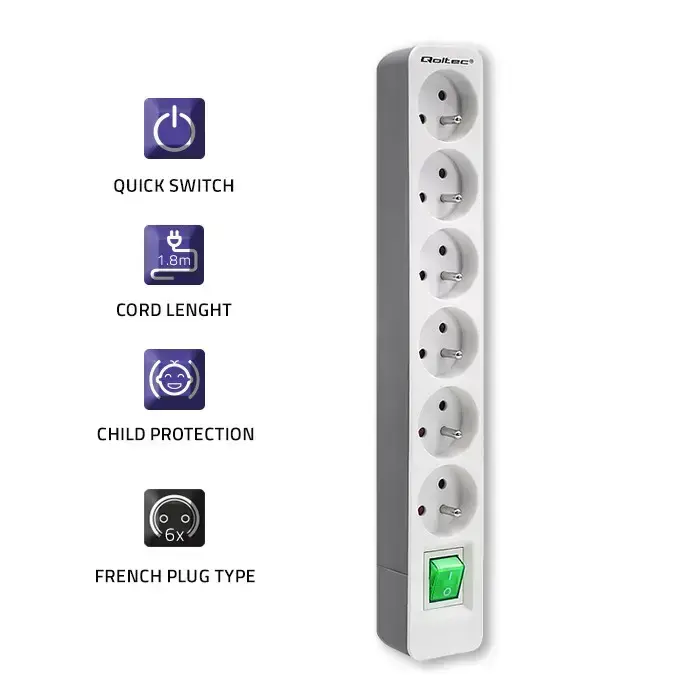 Qoltec Power strip | 6 sockets | 1.8m | White-grey Photo