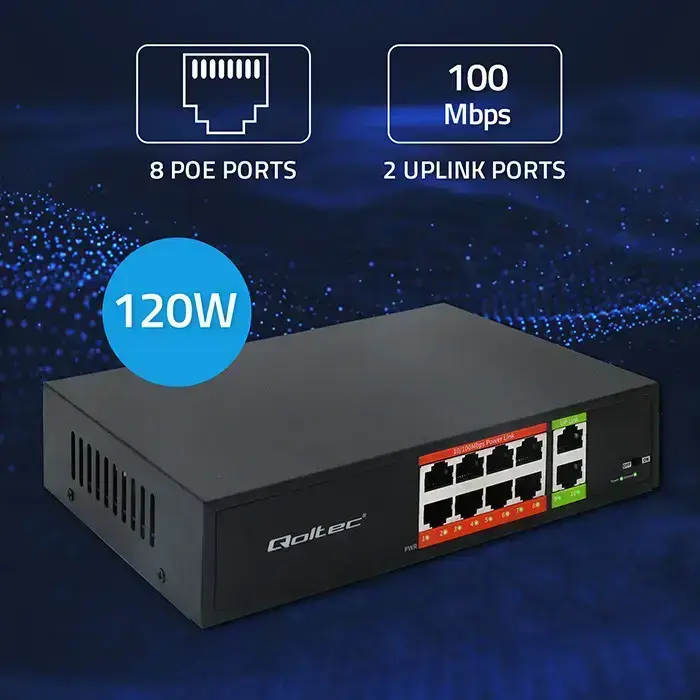 Qoltec FAST Ethernet PoE SWITCH | 8x RJ45 PoE | 2x RJ45 Uplink | 120W | 10/100 Mb/s Photo