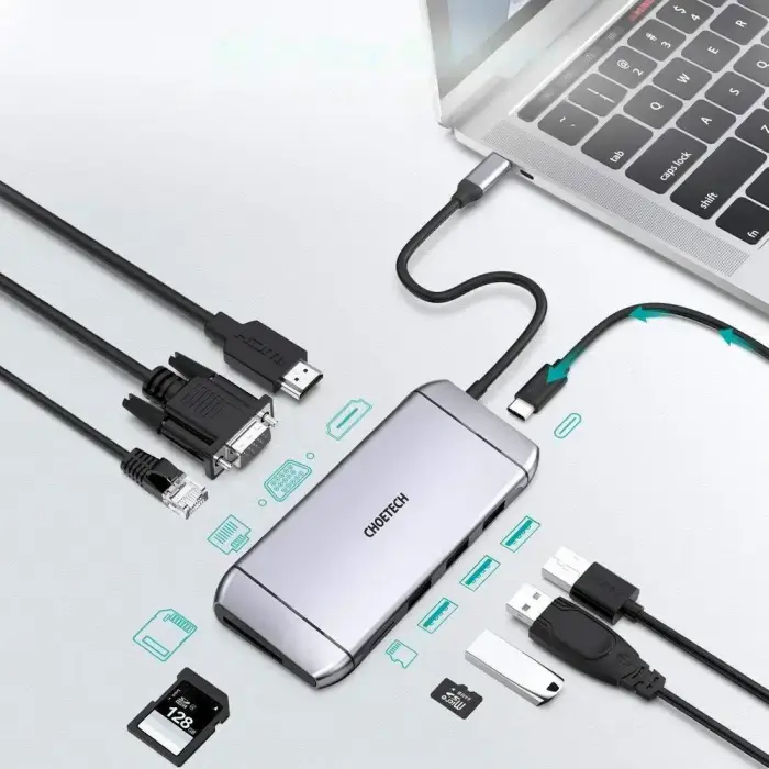 Choetech 9in1 multifunctional USB Type C HUB - 3x USB 3.2 Gen 1 | SD and TF memory card reader | HDMI 4K 30Hz | VGA Full HD 60Hz | USB Type C | RJ45 gray (HUB-M15 gray) Фото num