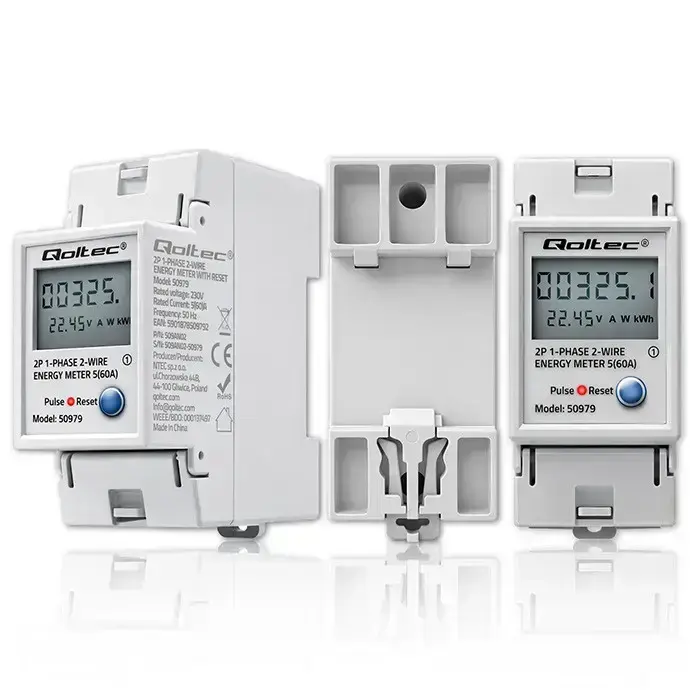Qoltec Single-phase electronic energy consumption meter for DIN rail | RESET | periodic and continuous meter | 230V | 60A | LCD | LED | 2P Фото num