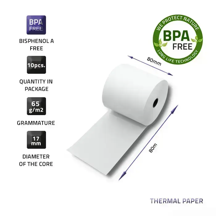 Qoltec Thermal roll 80 x 80 | 65g/m2 | 10pcs | BPA free Photo
