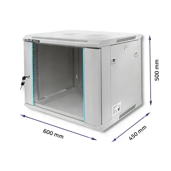 Qoltec RACK Cabinet 19" | 9U | 600 x 500 x 450 | Tempered doors | Hanging | Steel case | Lock | Grey Фото num