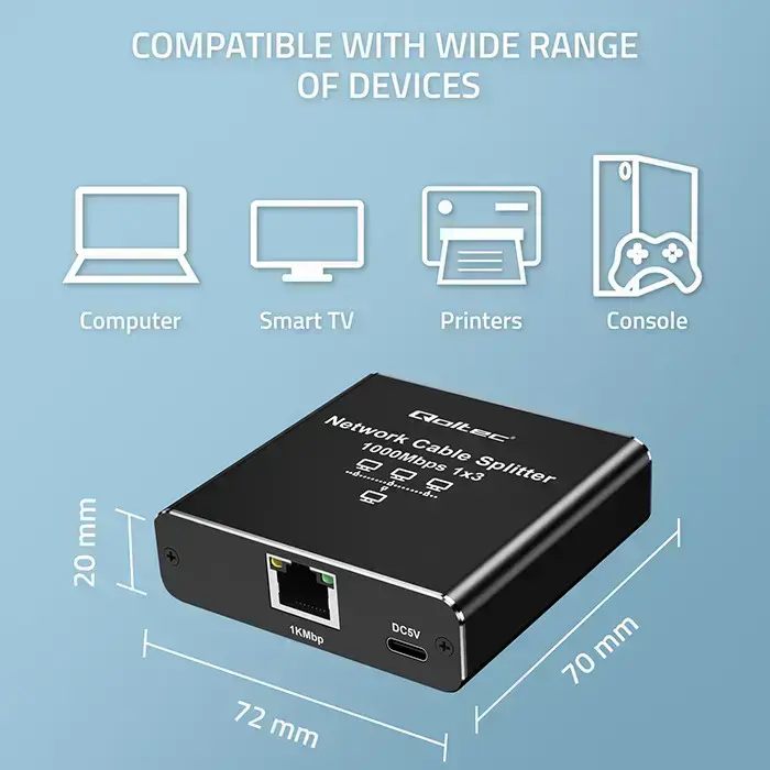 Qoltec Splitter Ethernet mini SWITCH 1x3 RJ45 | 1000Mb/s | USB-C | Aluminium Photo