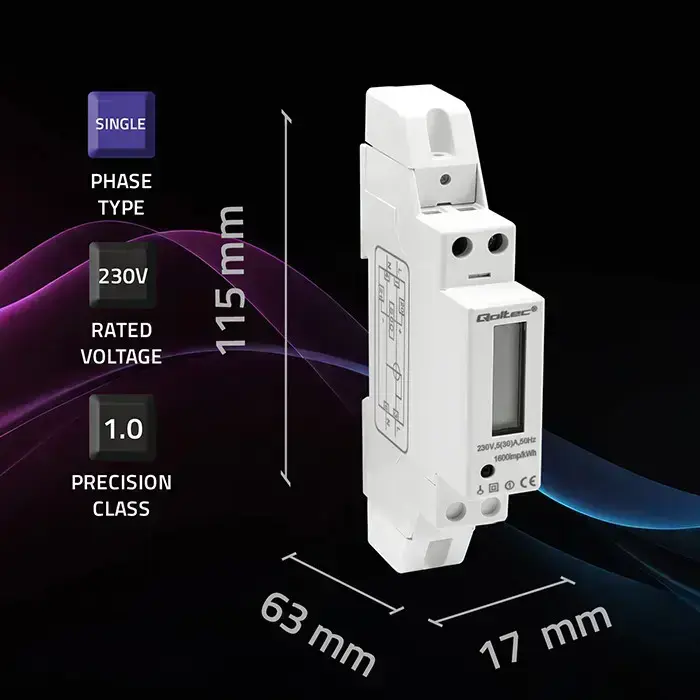 Qoltec Single-phase electronic meter | DIN rail energy consumption meter | 230V | 30A | LCD | 1P Фото num