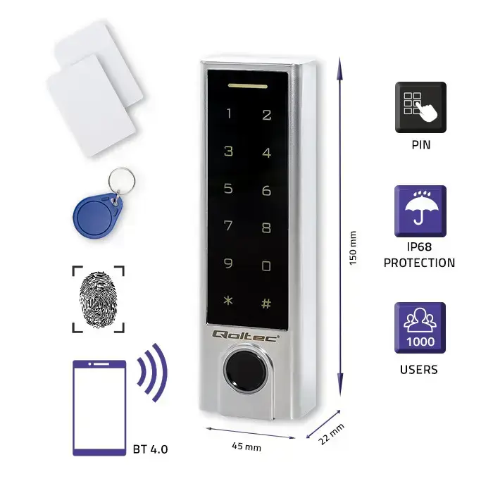 Qoltec Code lock TITAN with fingerprint reader | RFID | BT 4.0 |Code | Card | key fob | Doorbell| IP68 | EM Photo