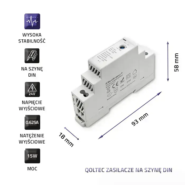 Qoltec DIN rail power supply | 15W | 24V | 0.625A | Gray Фото num