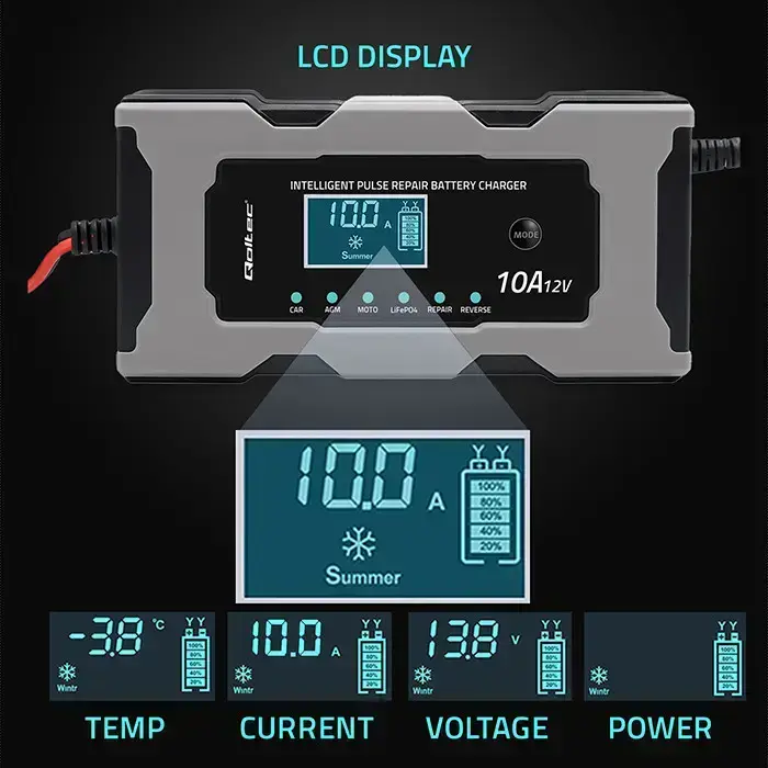 Qoltec Intelligent microprocessor charger 12V 10A | Rectifier with repair function for AGM GEL LiFePO4 battery | LCD Foto 4