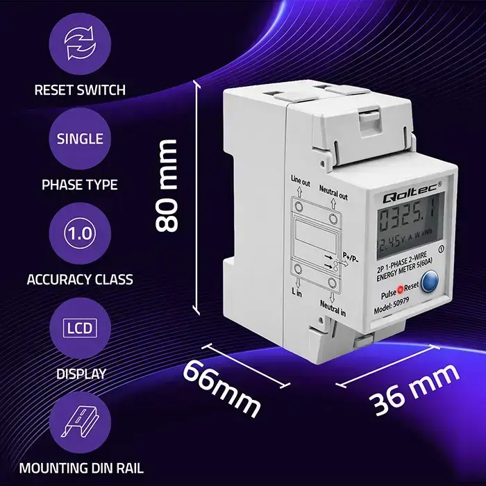 Qoltec Single-phase electronic energy consumption meter for DIN rail | RESET | periodic and continuous meter | 230V | 60A | LCD | LED | 2P Фото num