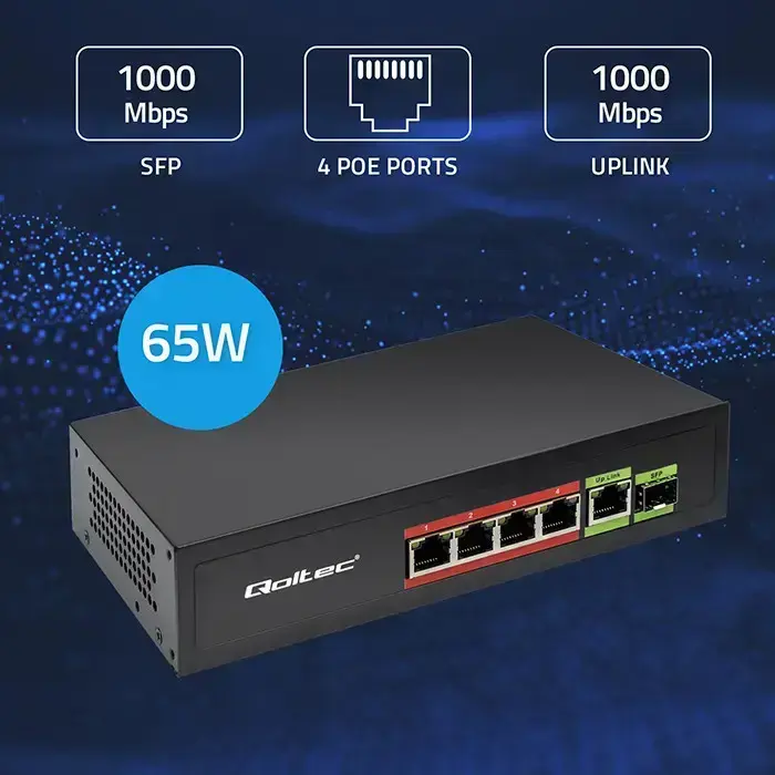 Qoltec FAST Ethernet PoE SWITCH 4x RJ45 PoE 1x RJ45 Uplink 1x SFP | 65W | 1000 Mb Foto 5