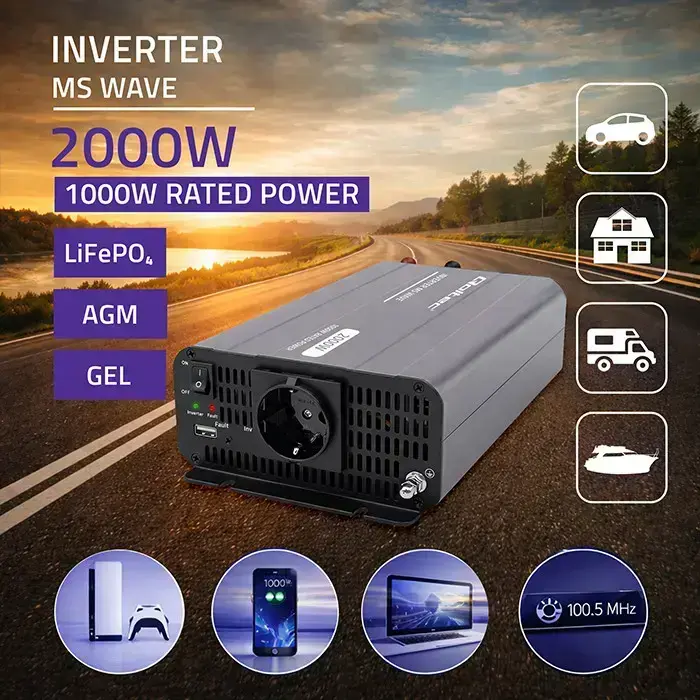 Qoltec MS Wave Voltage Converter | 12V to 230V | 1000/2000W | USB | Compatible with LiFePO4, GEL and AGM batteries Foto 2