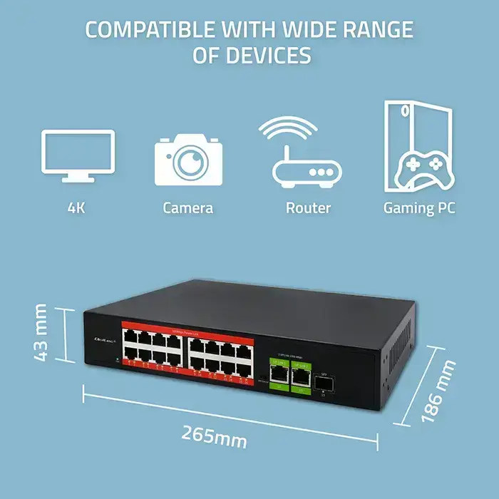 Qoltec Fast Ethernet PoE SWITCH | 16x RJ45 10/100 Mb/s |  2x RJ45 Uplink 1000 Mb/s | 1x SFP 1000 Mb/s Photo