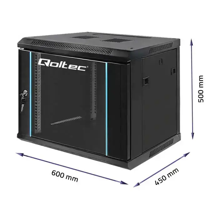 Qoltec RACK Cabinet 19" | 9U | 600 x 500 x 450 | Tempered doors | Hanging | Steel case | Lock | Black Фото num