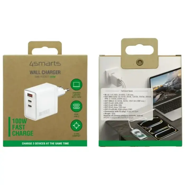 Wall Charger 4smarts Pocket GaN 100W 2xUSB-C + USB-A white Foto 2