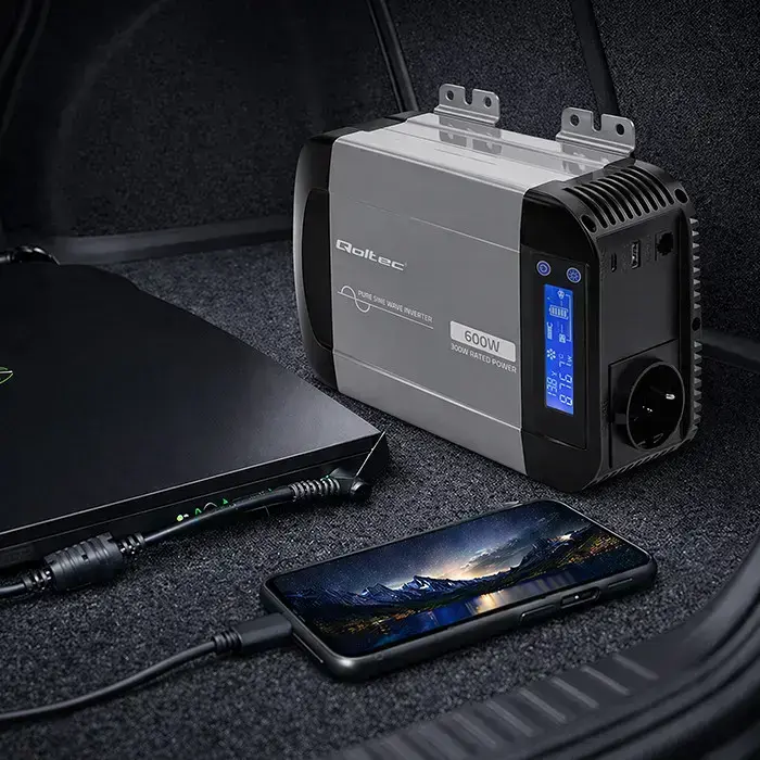 Qoltec Pure Sine Wave Inverter | 12V to 230V | 300/600W | LCD | USB | USC-C | Compatible with LiFePO4 GEL AGM  Foto 4