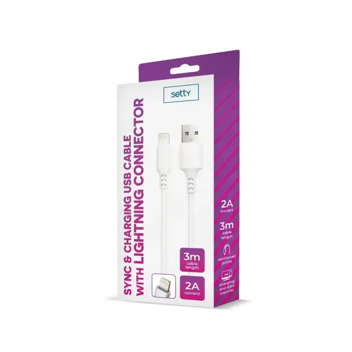 Setty datu pārraides un uzlādes vads | USB-A uz Lightning | 10W | 3m | balts Foto 2