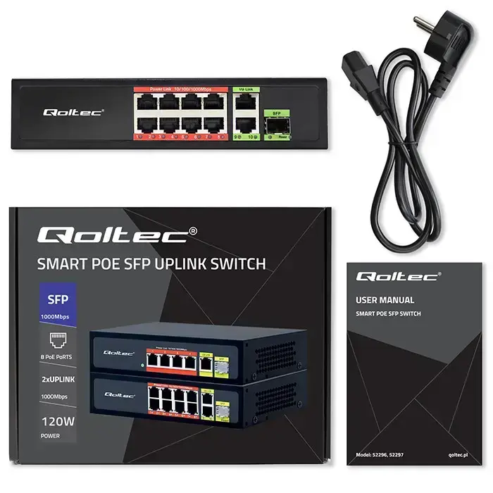 Qoltec FAST Ethernet PoE SWITCH 8x RJ45 PoE 2x RJ45 Uplink 1x SFP | 120W | 1000 Mb Photo