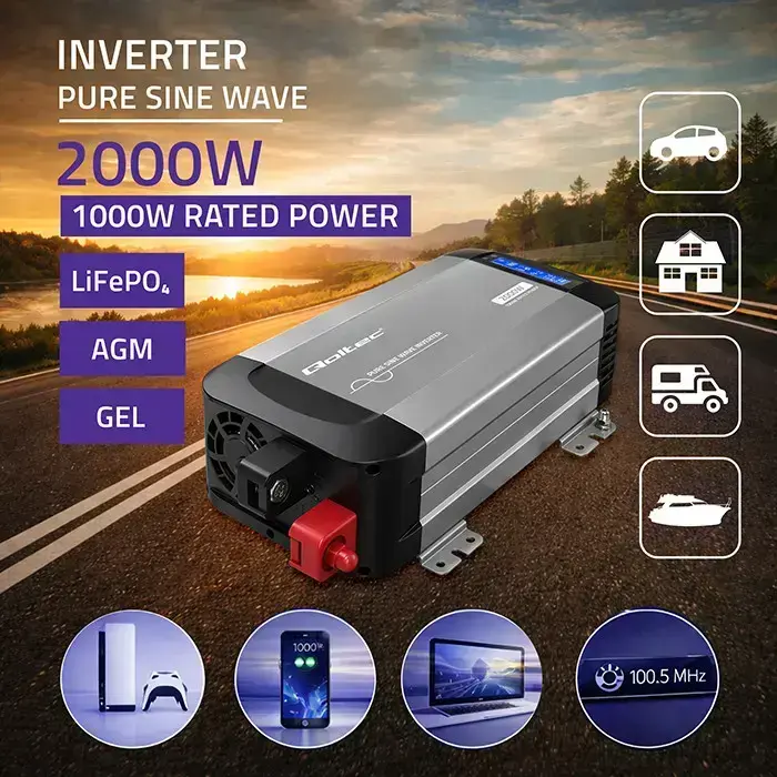 Qoltec Pure Sine Wave Inverter | 12V to 230V | 1000/2000W | LCD | USB | USC-C | Compatible with LiFePO4 GEL AGM  Foto 2