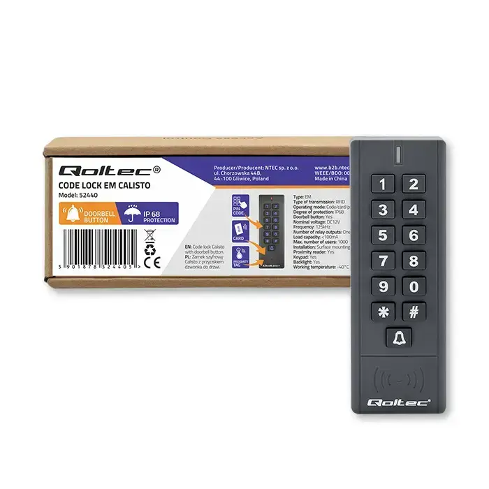 Qoltec Code lock CALISTO with RFID reader | Code | Card | key fob | Doorbell button | IP68 | EM Foto 7