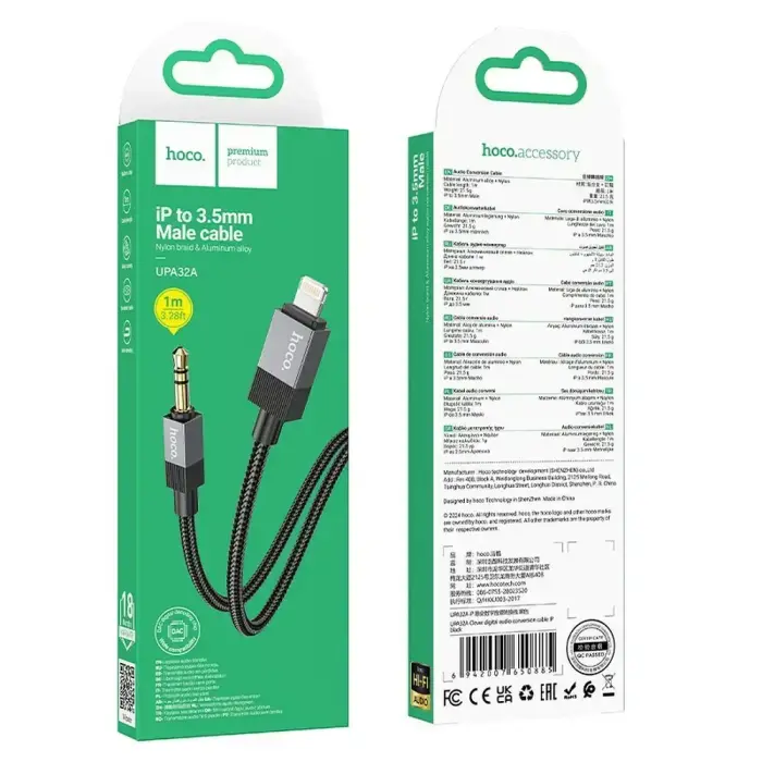 Cable AUX Jack 3,5 mm (male) to Lightning (male) Hoco 1 m UPA32A black Photo