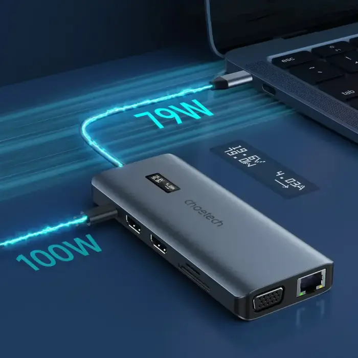 Choetech multifunctional HUB with display 12in1 USB-C to USB-C / USB-A / HDMI / VGA / AUX / SD / TF gray (HUB-M26) Фото num