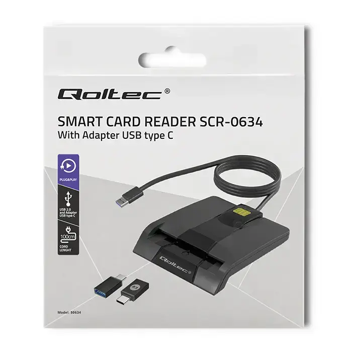 Qoltec Intelligent Smart ID chip card reader SCR-0634 | USB 2.0 + USB-C Adapter  Photo