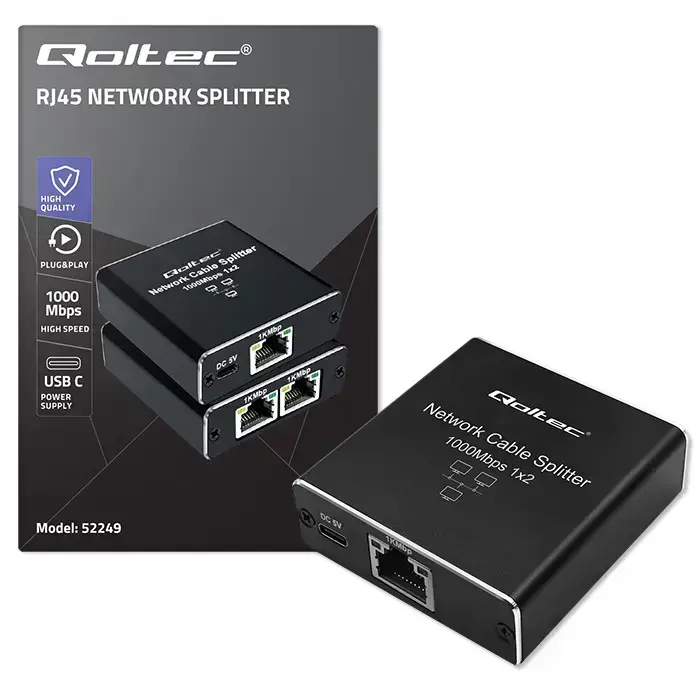 Qoltec Splitter mini SWITCH 1x2 port RJ45 | 1000Mbps | USB-C | Aluminium Photo