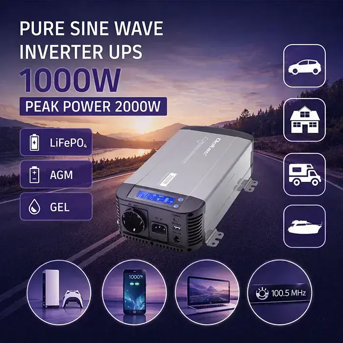 Qoltec Pure Sine Wave Inverter with UPS | 12V to 230V | 1000/2000W | LCD | USB | USB-C | Compatible with LiFePO4 GEL AGM  Foto 2