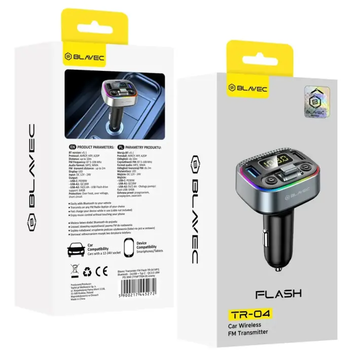 Blavec FM Transmitter Flash TR-04 MP3, Bluetooth - 2xUSB + Type C - QC3.0 18W PD 30W (TFMFTR04-B) black Фото num