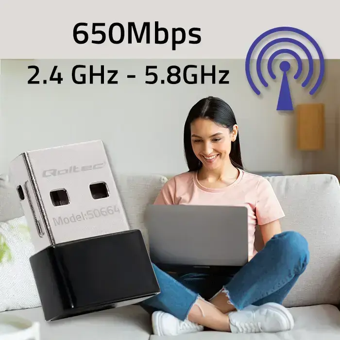 Qoltec Ultrafast Mini Wireless USB Wi-Fi Adapter | AC standard | 650Mbps Photo
