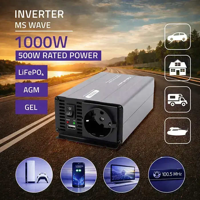 Qoltec MS Wave Voltage Converter | 12V to 230V | 500/1000W | USB | Compatible with LiFePO4, GEL and AGM batteries Foto 2