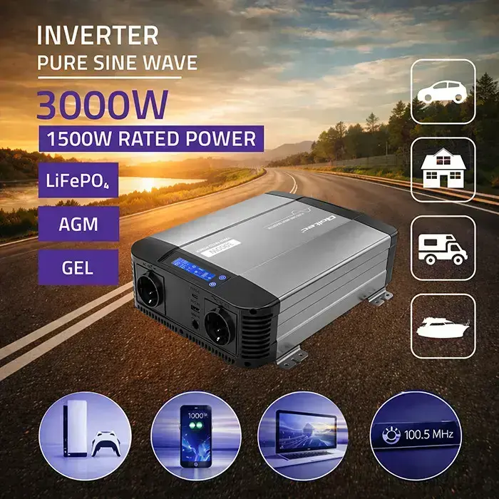Qoltec Pure Sine Wave Inverter | 12V to 230V | 1500/3000W | LCD | USB | USC-C | Compatible with LiFePO4 GEL AGM  Foto 2