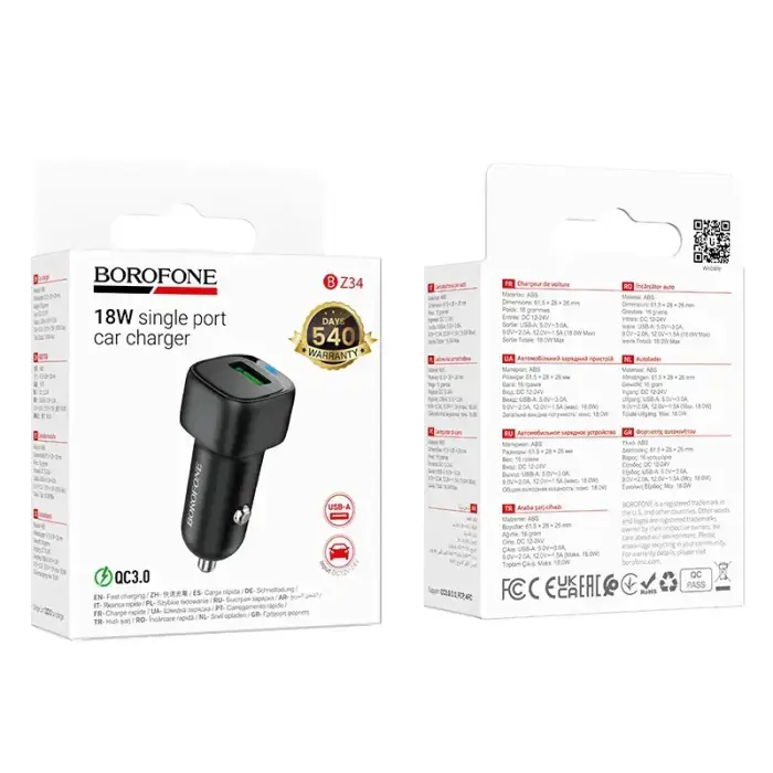 Автомобильное зарядное устройство Borofone BZ34 Cloud | 18 Вт | QC3.0 | USB-A | черный Фото num