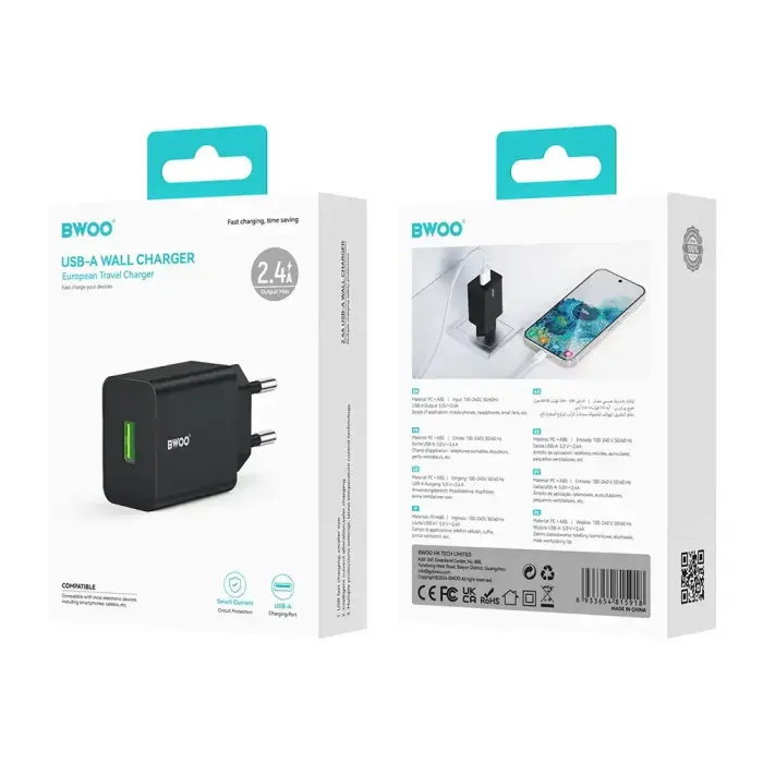 BWOO wall charger CDA249 5V 2,4A USB-A, black Фото num