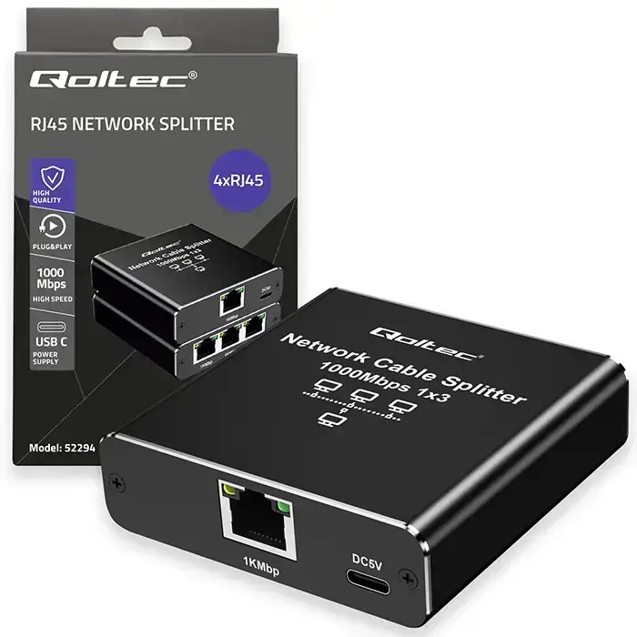 Qoltec Splitter Ethernet mini SWITCH 1x3 RJ45 | 1000Mb/s | USB-C | Aluminium Photo