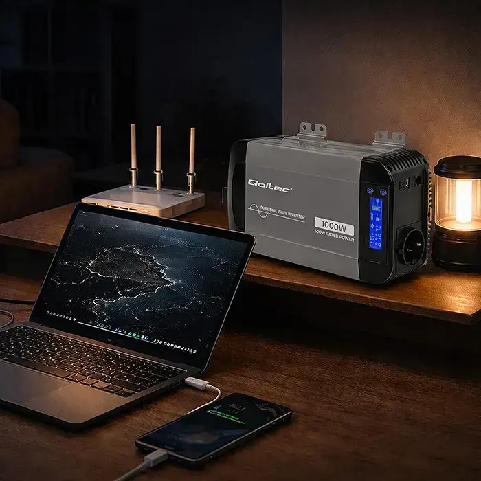 Qoltec Pure Sine Wave Inverter | 12V to 230V | 500/1000W | LCD | USB | USC-C | Compatible with LiFePO4 GEL AGM  Foto 6