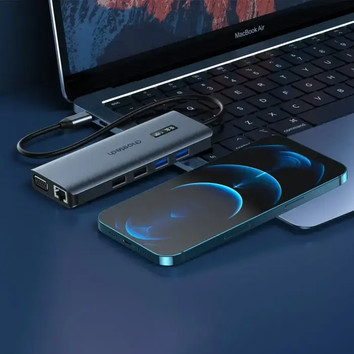 Choetech multifunctional HUB with display 12in1 USB-C to USB-C / USB-A / HDMI / VGA / AUX / SD / TF gray (HUB-M26) Фото num