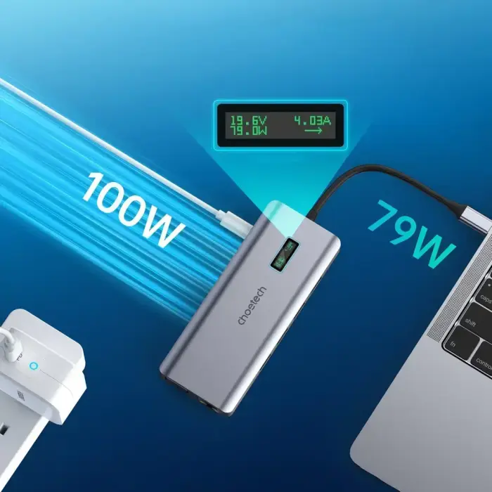 Choetech multifunctional HUB with display 12in1 USB-C to USB-C / USB-A / HDMI / VGA / AUX / SD / TF gray (HUB-M26) Фото num