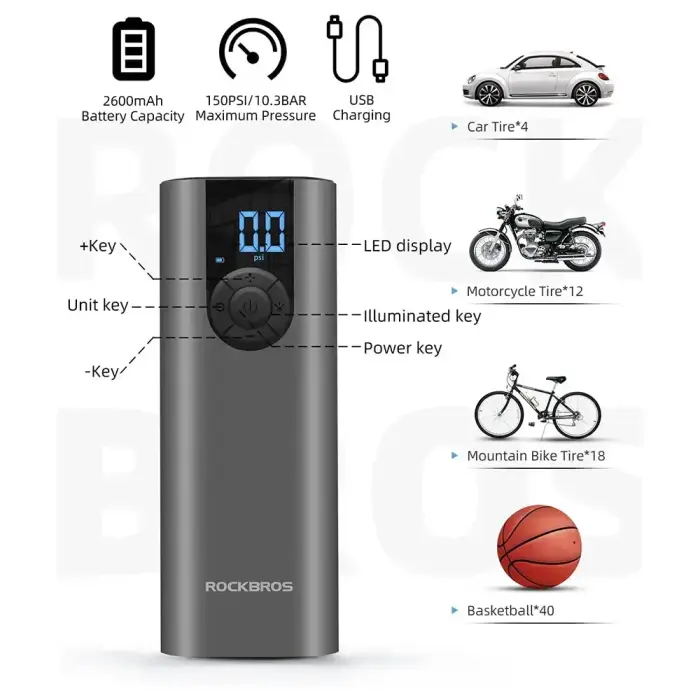 Rockbros 42720001001 Electric Bike Pump with LED Display + USB-C - USB-A Cable - Black Фото num