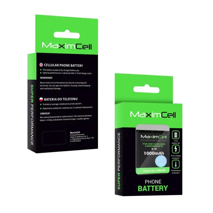 Maximcell Battery for Nokia 5140/5200/5300/6020/6070 (BL-5B) 1000mAh Li-ion Foto 2