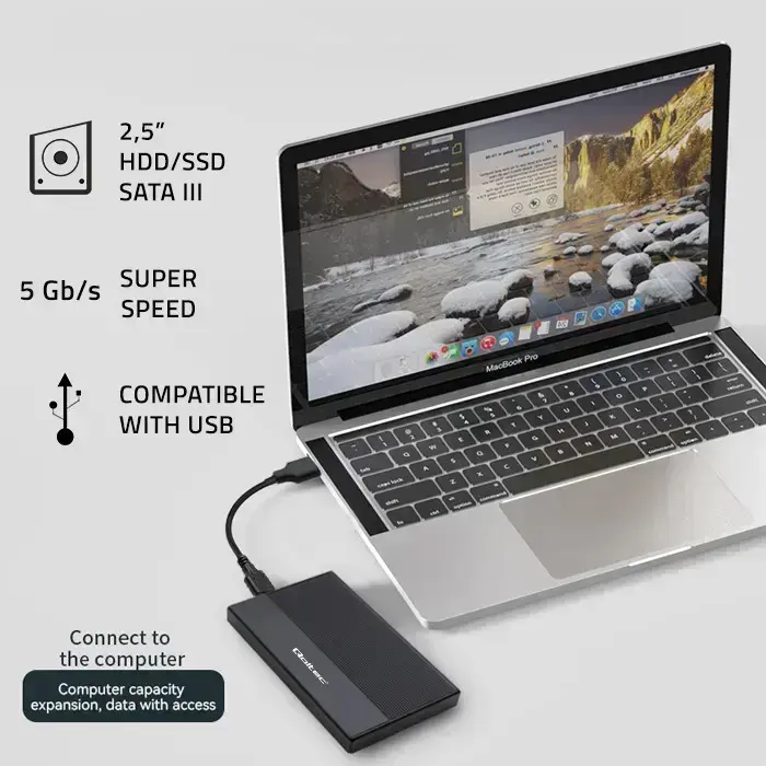 Qoltec Aluminium Enclosure | SSD HDD 2.5'' drive | SATA | USB 3.0 | Super speed 5Gb/s | 2TB | Black Фото num