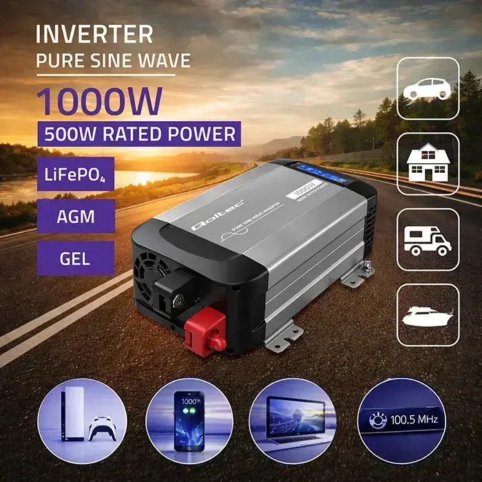 Qoltec Pure Sine Wave Inverter | 12V to 230V | 500/1000W | LCD | USB | USC-C | Compatible with LiFePO4 GEL AGM  Foto 2