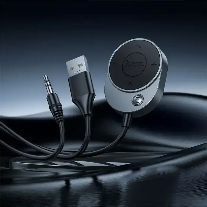 Wireless car receiver Hoco AUX Bluetooth with cable Jack 3,5 mm E150 metal gray Фото num