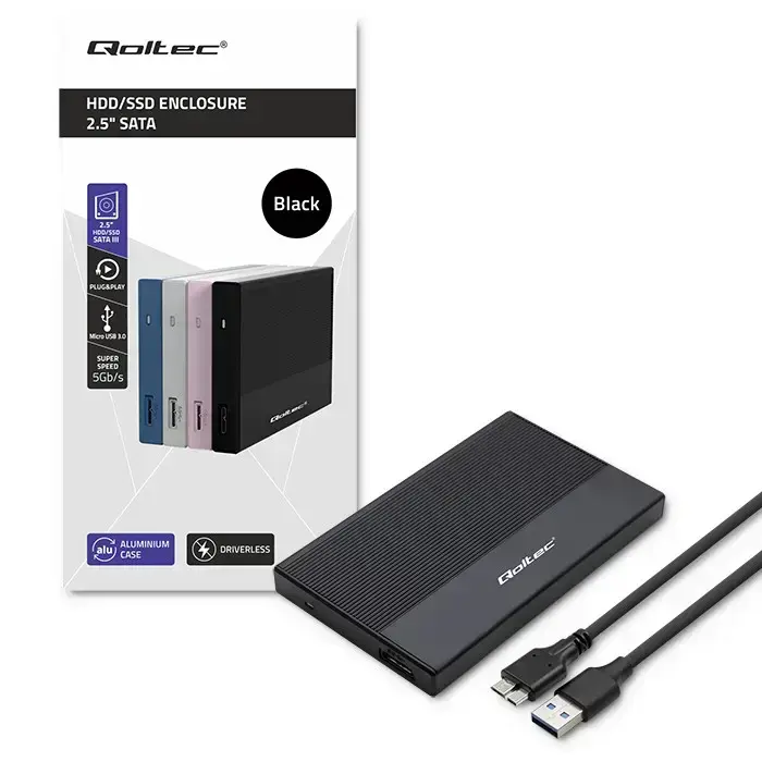 Qoltec Aluminium Enclosure | SSD HDD 2.5'' drive | SATA | USB 3.0 | Super speed 5Gb/s | 2TB | Black Фото num